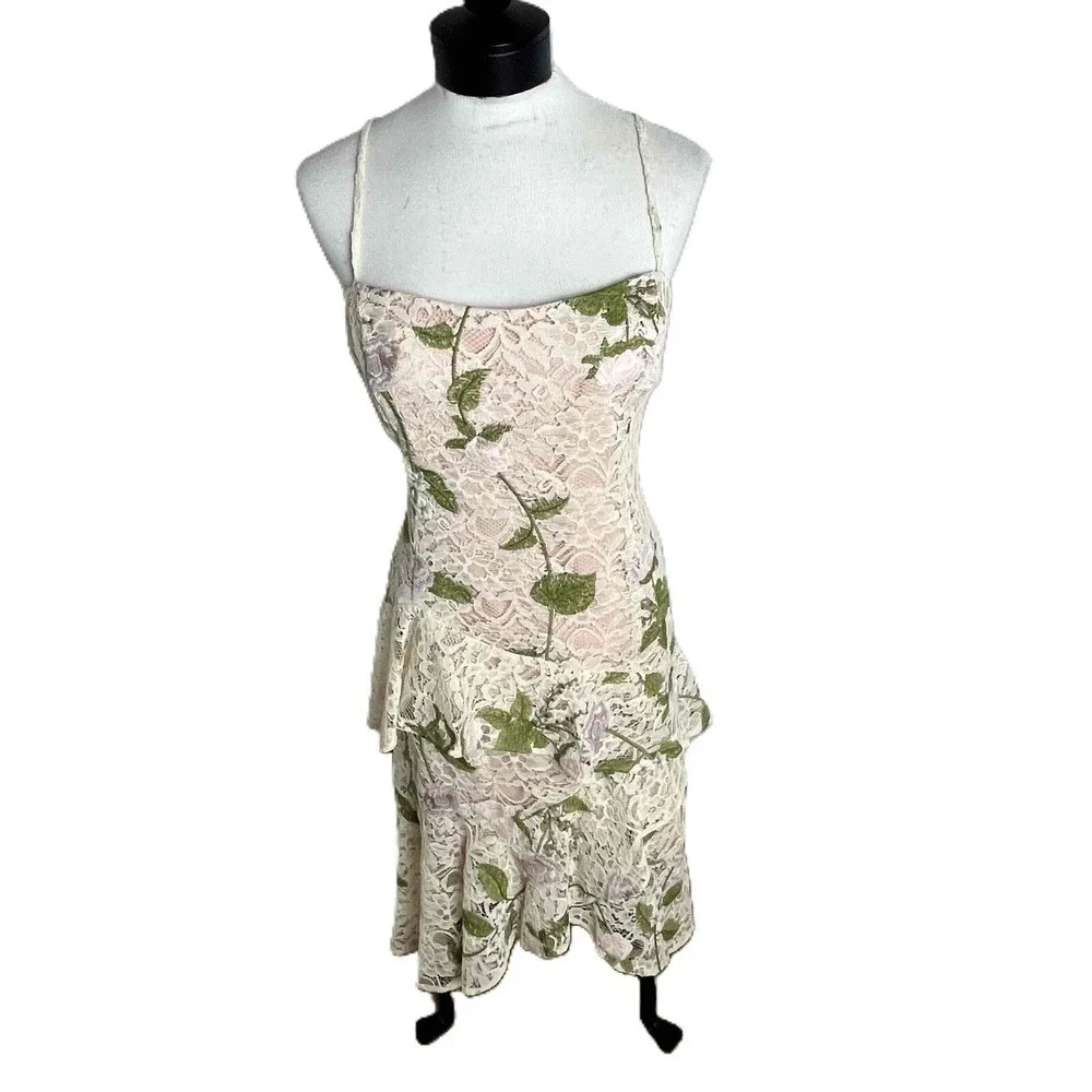 NWT Alex Marie Fairycore Pink Green Floral Lace Ruffle Sheath Midi Dress Size 14
